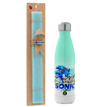 Sonic, Easter Set, Metallic green/white thermos (Stainless steel), double-walled, 500ml & scented flat Easter candle (30cm) (TURQUOISE)