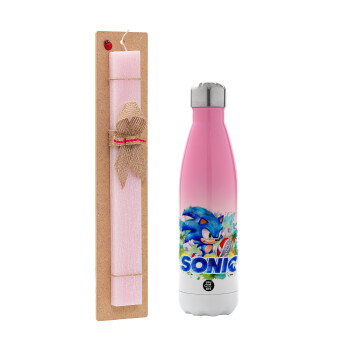 Sonic, Easter Set, Metallic pink/white (Stainless steel) thermos, double-walled, 500ml & aromatic flat Easter candle (30cm) (PINK)