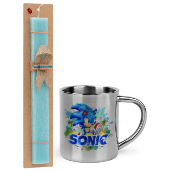 Sonic, Easter Set, metallic thermal cup (300ml) & aromatic flat Easter candle (30cm) (TURQUOISE)