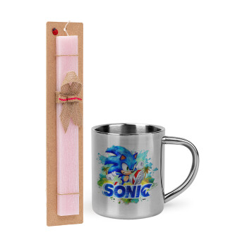 Sonic, Easter Set, metallic thermal cup (300ml) & aromatic flat Easter candle (30cm) (PINK)