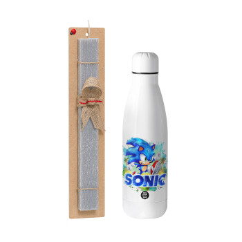 Sonic, Easter Set, metallic stainless thermos bottle (500ml) & scented flat Easter candle (30cm) (GRAY)