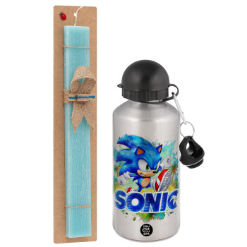 Sonic, Easter Set, metallic silver aluminum water bottle (500ml) & scented flat Easter candle (30cm) (TURQUOISE)