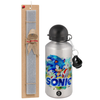 Sonic, Easter Set, metallic silver aluminum water bottle (500ml) & aromatic flat Easter candle (30cm) (GRAY)