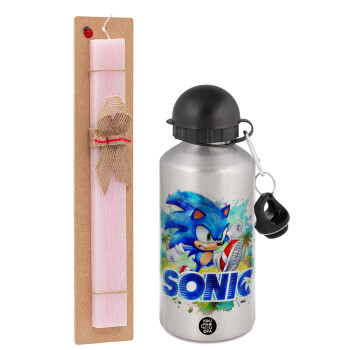 Sonic, Easter Set, metallic Silver aluminum water bottle (500ml) & scented flat Easter candle (30cm) (PINK)