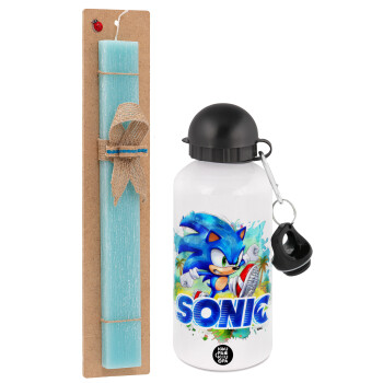 Sonic, Easter Set, metallic aluminum water bottle (500ml) & scented flat candle (30cm) (TURQUOISE)