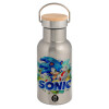 Stainless steel metallic thermos flask, silver with a bamboo lid, double-walled, 350ml.