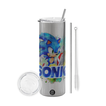 Sonic, Eco friendly stainless steel Silver tumbler 600ml, with metal straw & cleaning brush