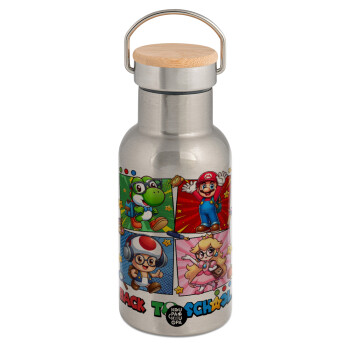 Back to the School Mario & Friends, Stainless steel metallic thermos flask, silver with a bamboo lid, double-walled, 350ml.