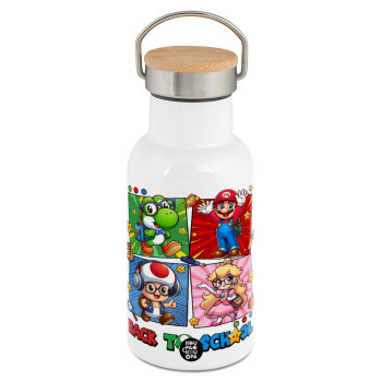 Back to the School Mario & Friends, Metallic thermos (Stainless steel) White with wooden lid (bamboo), double-walled, 350ml