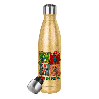 Back to the School Mario & Friends, Glitter gold stainless steel thermos bottle, double-walled, 500ml