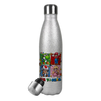 Back to the School Mario & Friends, Metallic Glitter Silver Thermos Flask (Stainless steel), double-walled, 500ml