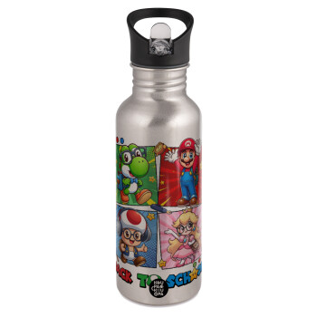 Back to the School Mario & Friends, Water bottle Silver with straw, stainless steel 600ml