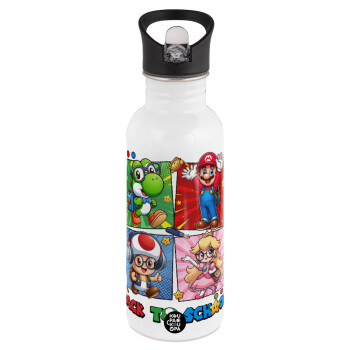 Back to the School Mario & Friends, White water bottle with straw, stainless steel 600ml