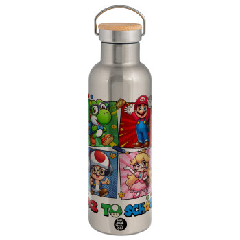 Back to the School Mario & Friends, Stainless steel Silver with wooden lid (bamboo), double wall, 750ml