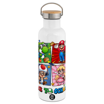 Back to the School Mario & Friends, Stainless steel White with wooden lid (bamboo), double wall, 750ml