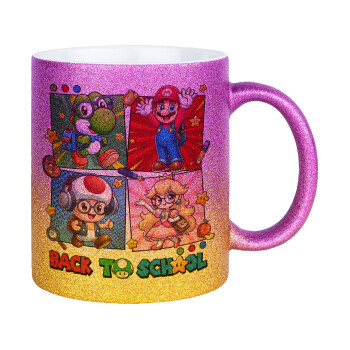 Back to the School Mario & Friends, Κούπα Χρυσή/Ροζ Glitter, κεραμική, 330ml