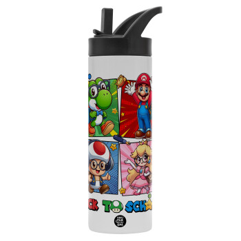 Back to the School Mario & Friends, Metallic thermos bottle with straw & handle, stainless steel (Stainless steel 304), double-walled, 600ml.