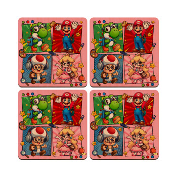 Back to the School Mario & Friends, ΣΕΤ x4 Σουβέρ ξύλινα τετράγωνα plywood (9cm)