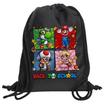 Back to the School Mario & Friends, Backpack pouch GYMBAG Black, with pocket (40x48cm) & thick cords