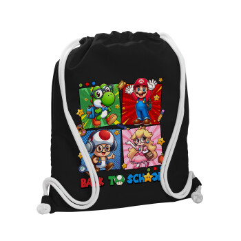 Back to the School Mario & Friends, Backpack pouch GYMBAG Black, with pocket (40x48cm) & thick white cords