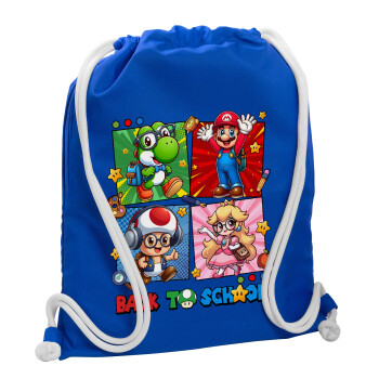 Back to the School Mario & Friends, Backpack pouch GYMBAG Blue, with pocket (40x48cm) & thick cords