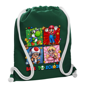 Back to the School Mario & Friends, Backpack pouch GYMBAG BOTTLE GREEN, with pocket (40x48cm) & thick white cords