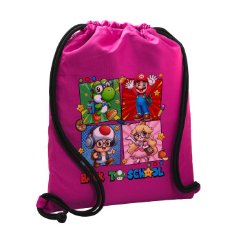 Back to the School Mario & Friends, Backpack pouch GYMBAG Fuchsia, with pocket (40x48cm) & thick cords