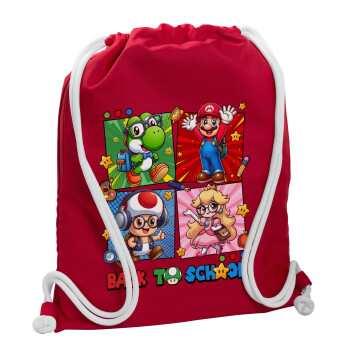 Back to the School Mario & Friends, Backpack pouch GYMBAG Red, with pocket (40x48cm) & thick cords