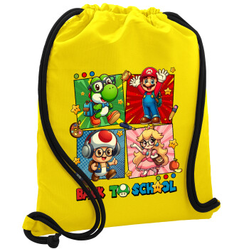 Back to the School Mario & Friends, Backpack pouch GYMBAG Yellow, with pocket (40x48cm) & thick cords