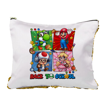 Back to the School Mario & Friends, Sequin Gold Pouch Cosmetic Bag