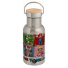 Stainless steel metallic thermos flask, silver with a bamboo lid, double-walled, 350ml.