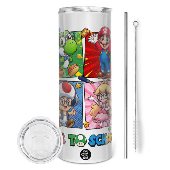 Back to the School Mario & Friends, Eco friendly ποτήρι θερμό (tumbler) από ανοξείδωτο ατσάλι 600ml, με μεταλλικό καλαμάκι & βούρτσα καθαρισμού