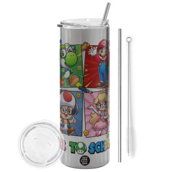 Back to the School Mario & Friends, Eco friendly ποτήρι θερμό Ασημένιο (tumbler) από ανοξείδωτο ατσάλι 600ml, με μεταλλικό καλαμάκι & βούρτσα καθαρισμού