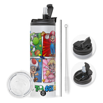 Back to the School Mario & Friends, Travel Tumbler θερμό με διπλό καπάκι, μεταλλικό καλαμάκι και βούρτσα καθαρισμού (Ανωξείδωτο 304 Food grade, BPA free, 600ml)