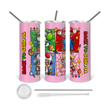 Back to the School Mario & Friends, Tumbler ποτήρι θερμό από ανοξείδωτο ατσάλι 600ml, με μεταλλικό καλαμάκι & βούρτσα καθαρισμού