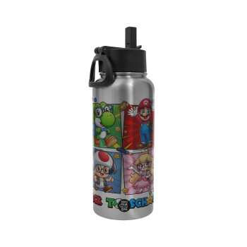 Back to the School Mario & Friends, Metal mug thermo Silver with Straw and Spout Lid (Stainless steel), double wall, 950ml