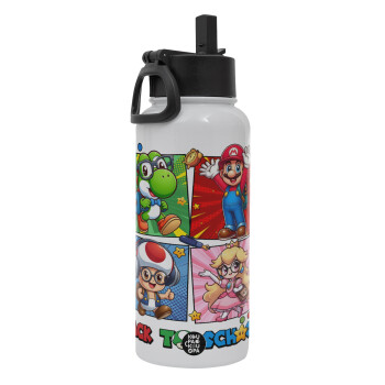 Back to the School Mario & Friends, Metal mug thermo White with Straw and Spout Lid (Stainless steel), double wall, 950ml