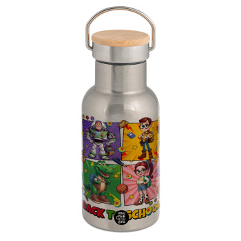 Back to the School Buzz & Friends, Stainless steel metallic thermos flask, silver with a bamboo lid, double-walled, 350ml.