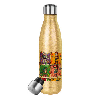 Back to the School Buzz & Friends, Glitter gold stainless steel thermos bottle, double-walled, 500ml