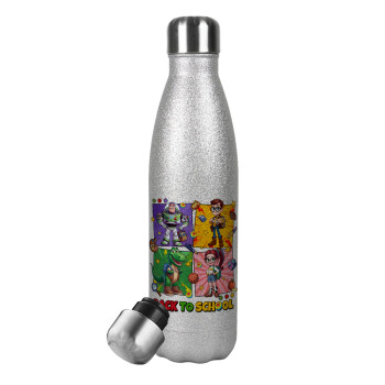 Back to the School Buzz & Friends, Μεταλλικό παγούρι θερμός Glitter Aσημένιο (Stainless steel), διπλού τοιχώματος, 500ml