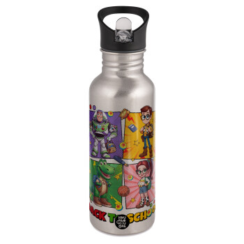 Back to the School Buzz & Friends, Water bottle Silver with straw, stainless steel 600ml