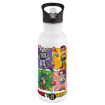 Back to the School Buzz & Friends, White water bottle with straw, stainless steel 600ml