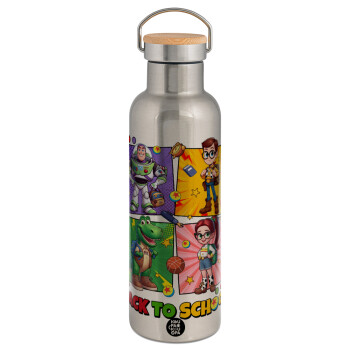 Back to the School Buzz & Friends, Stainless steel Silver with wooden lid (bamboo), double wall, 750ml