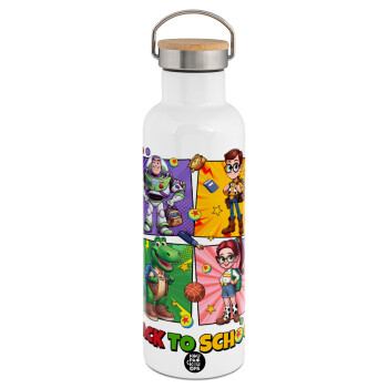 Back to the School Buzz & Friends, Stainless steel White with wooden lid (bamboo), double wall, 750ml