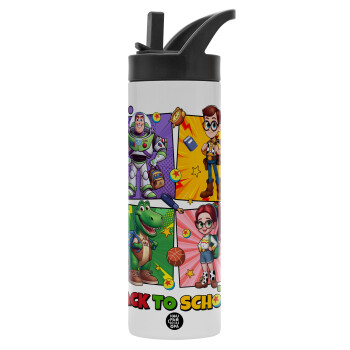 Back to the School Buzz & Friends, Metallic thermos bottle with straw & handle, stainless steel (Stainless steel 304), double-walled, 600ml.