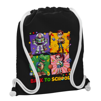 Back to the School Buzz & Friends, Backpack pouch GYMBAG Black, with pocket (40x48cm) & thick white cords