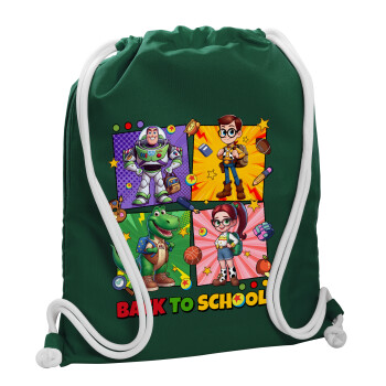 Back to the School Buzz & Friends, Τσάντα πλάτης πουγκί GYMBAG BOTTLE GREEN, με τσέπη (40x48cm) & χονδρά λευκά κορδόνια