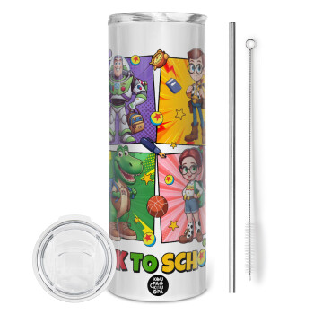 Back to the School Buzz & Friends, Tumbler ποτήρι θερμό από ανοξείδωτο ατσάλι 600ml, με μεταλλικό καλαμάκι & βούρτσα καθαρισμού