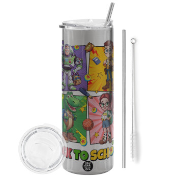 Back to the School Buzz & Friends, Eco friendly ποτήρι θερμό Ασημένιο (tumbler) από ανοξείδωτο ατσάλι 600ml, με μεταλλικό καλαμάκι & βούρτσα καθαρισμού