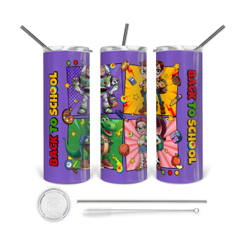 Back to the School Buzz & Friends, Tumbler ποτήρι θερμό από ανοξείδωτο ατσάλι 600ml, με μεταλλικό καλαμάκι & βούρτσα καθαρισμού